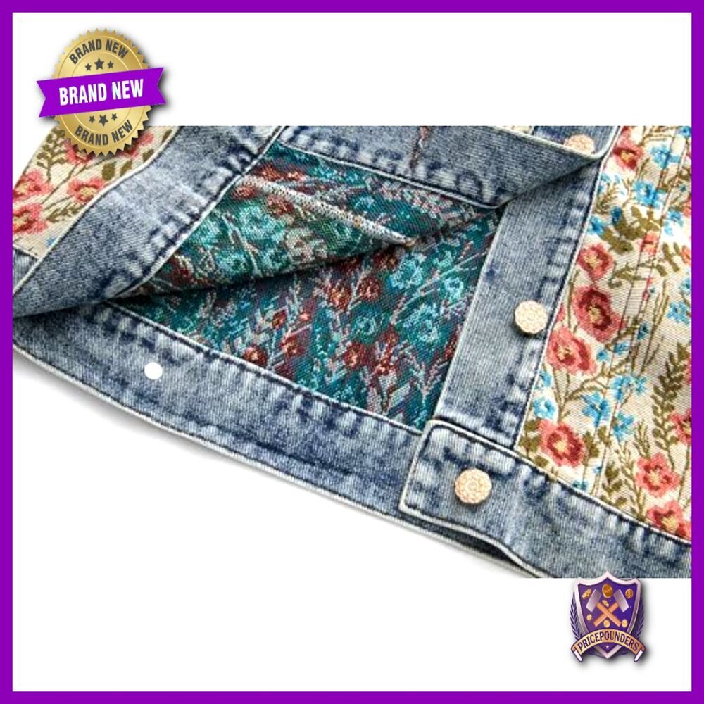 Cropped Denim Jacket Floral Embroidery Peter Pan Collar Jacquard Casual Chic - Picture 5 of 7